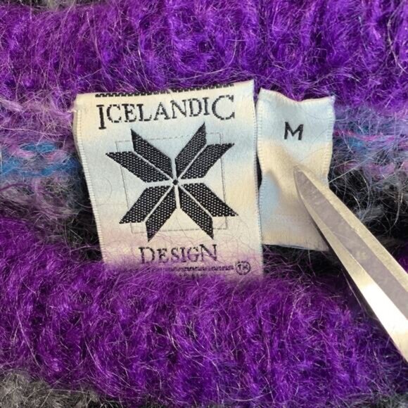 Vintage 90s Icelandic Design Mohair Wool Fair Isle Sweater Purple Blue Medium - Picture 7 of 9